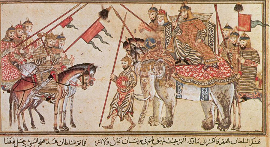 Gazneli Mahmud'un fillerle birlikte çıktığı Hindistan seferlerini tasvir eden bir minyatür.