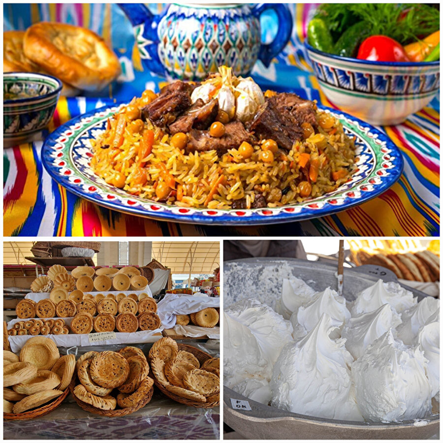 Özbek pilav, patır ekmek ve nişalda tatlısı