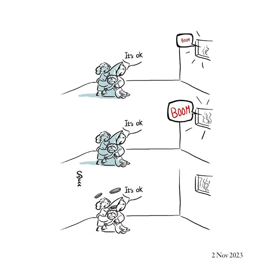 Safaa'nın çizimleri, Gazze'de anbean yaşanan en acımasız ve dokunaklı görüntüleri karikatürize ediyor.