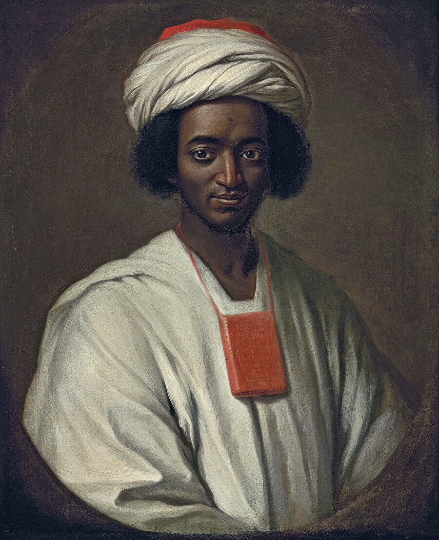İngiliz ressam William Hoare tarafından boynunda bizzat ezberinden yazdığı Mushaflardan biriyle resmedilen Eyyub Süleyman Diallo'nun portresi, 1733.