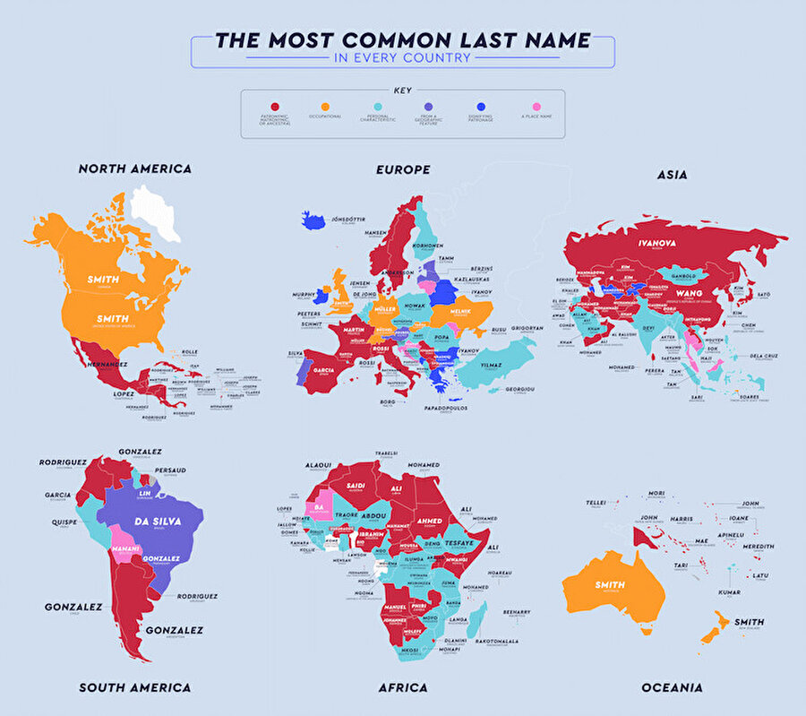 Dünyada en yaygın soyadları haritası 2025