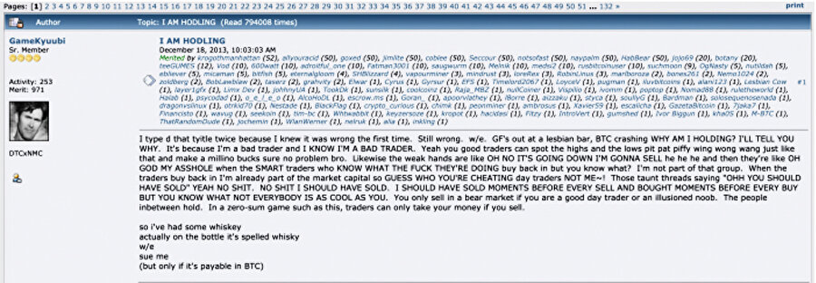 18 Aralık 2013 Bitcointalk forumunda GameKyuubi isimli kullanıcı al sat yaparak elindeki Bitcoin adedini artırmaya yönelik girişimlerinin başarısız olduğunu, bu durumdan bıktığını ve artık ne olursa olsun bitcoinlerini elinde tutacağını söyledi. Başından geçenleri anlattığı uzun yazının başlığındaki “I AM HODLING” şeklindeki yazım yanlışı zamanla popüler oldu ve ne olursa olsun satmayan yatırımcılara HODLER, satmama eylemine de HODL adı verildi.