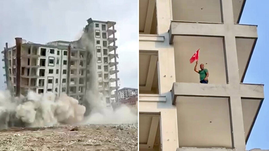 ​Hasarlı bina yıkımında iş makinesi operatörünün Türk bayrağı hassasiyeti