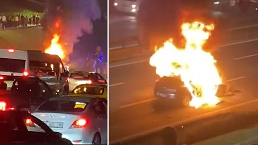 Kağıthane’de bariyere çarpan otomobil alev aldı.