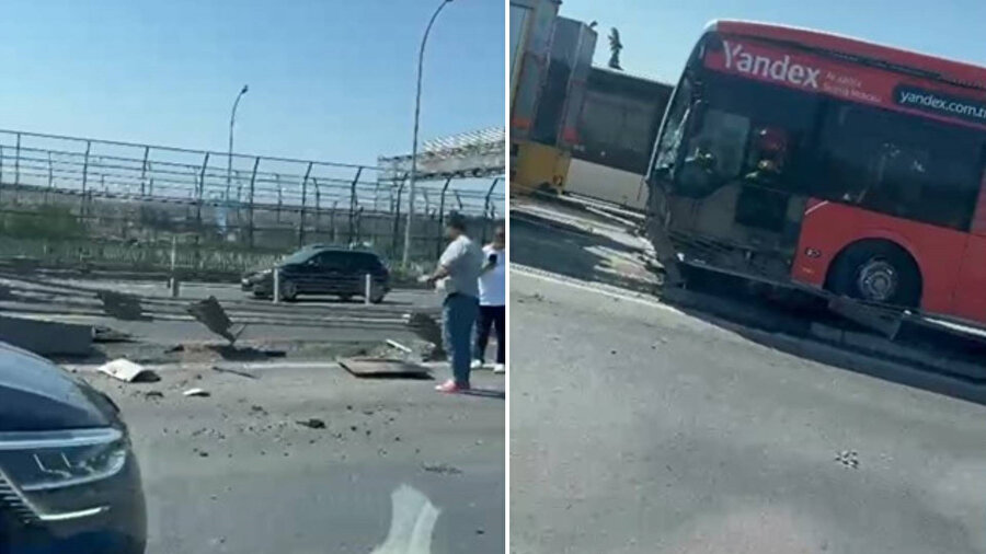 Haliç Köprüsü'nde arızalı metrobüsü taşıyan vinç kaza yaptı.