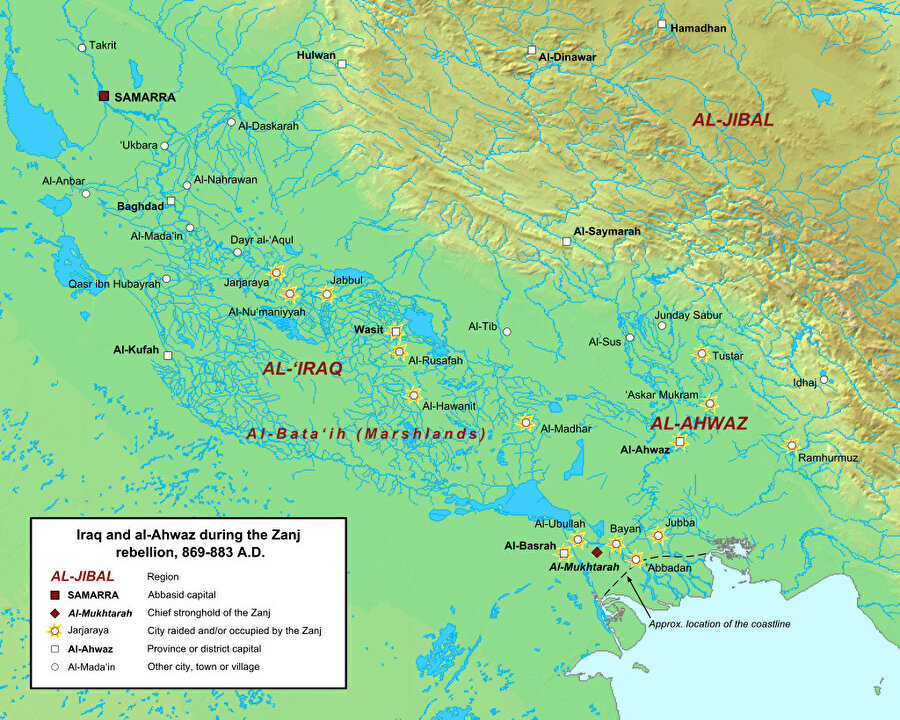 Zenc İsyanı devam ederken merkezî Abbâsî Halifeliği’nin haritası.