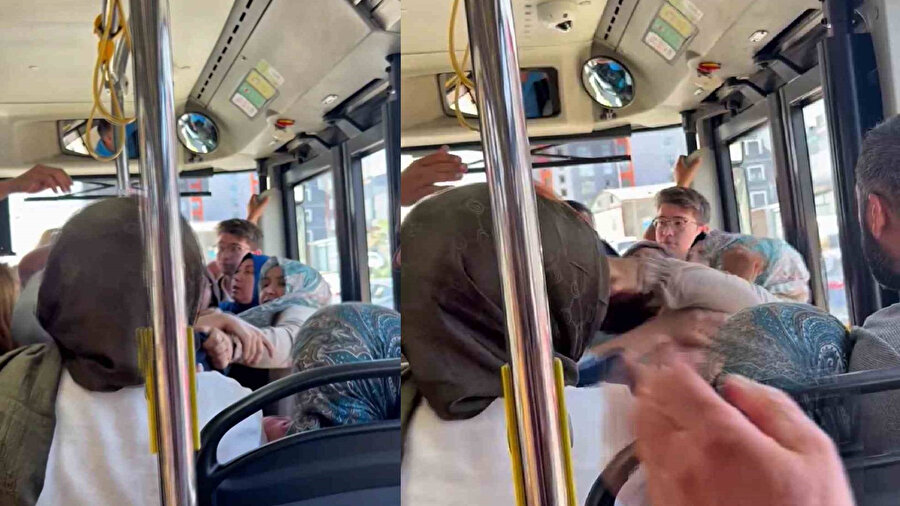 Pendik'te otobüste ekranlara yansıyan yolcu kavgası