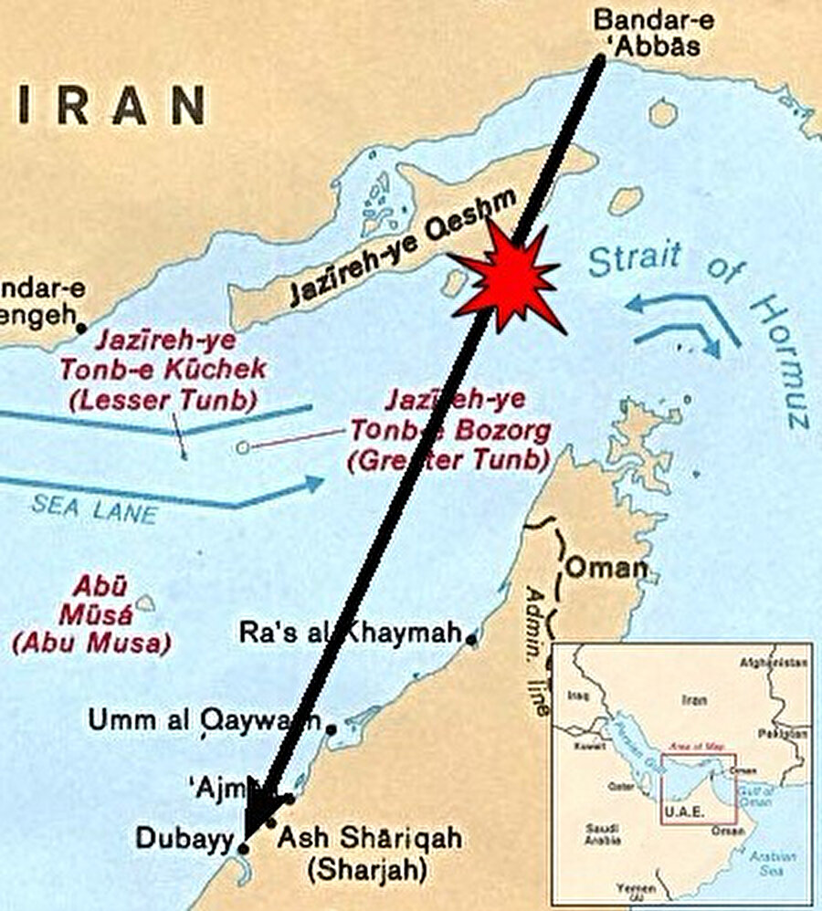 İran Hava Yolları'na ait yolcu uçağının Basra Körfezi'ndeki Hürmüz Boğazı'nda düşürüldüğü yer