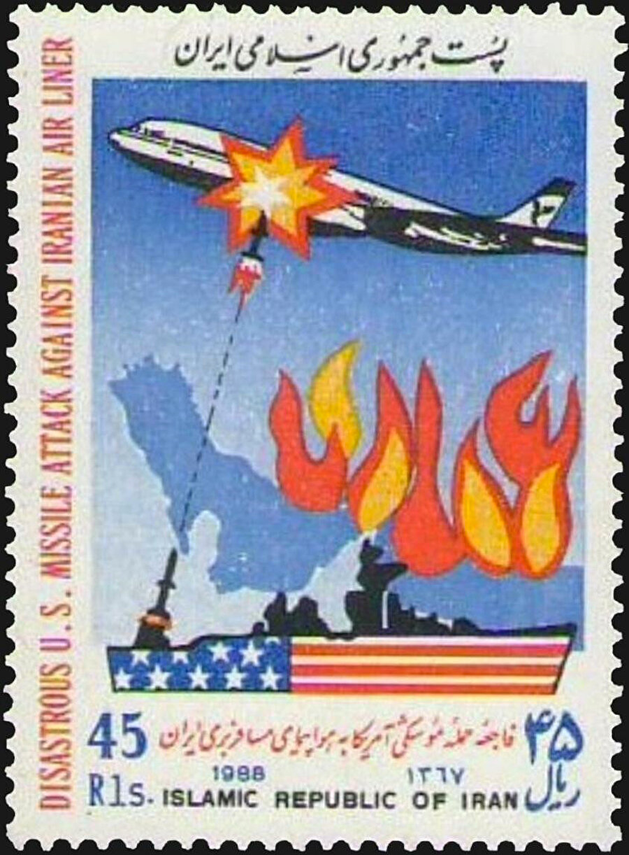 10 Ağustos 1988'de (kazadan 6 hafta sonra) İran Hava Yolları Uçuş 655 kazasında hayatını kaybedenleri anmak için İran'da basılmış bir pul. Pulun altındaki yazıda şöyle yazıyor: 