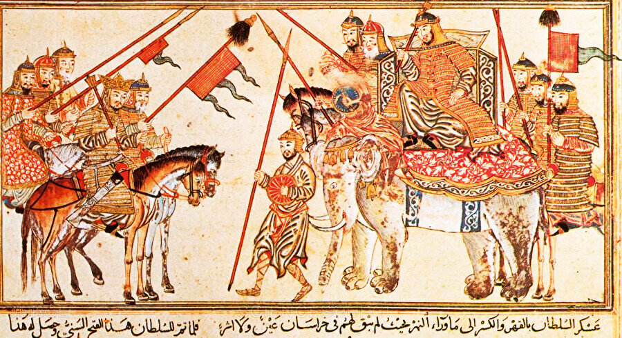Gazneli Mahmud’un fillerle birlikte çıktığı Hindistan seferlerini tasvir eden bir minyatür.