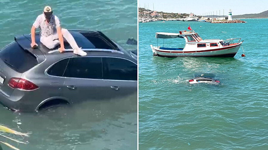 Denize uçan otomobilinin üzerinde oturup yardım bekledi