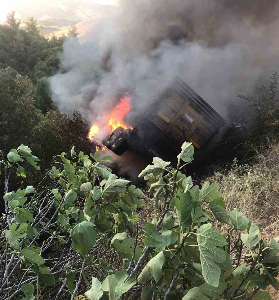 Manisa’da alev alan kamyon şarampole uçtu, yangın ormana sıçramadan söndürüldü