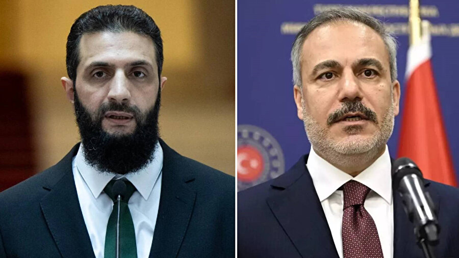 Suriye Cumhurbaşkanı Ahmed Şara (solda) ve Türkiye Cumhuriyeti Dışişleri Bakanı Hakan Fidan (sağda)