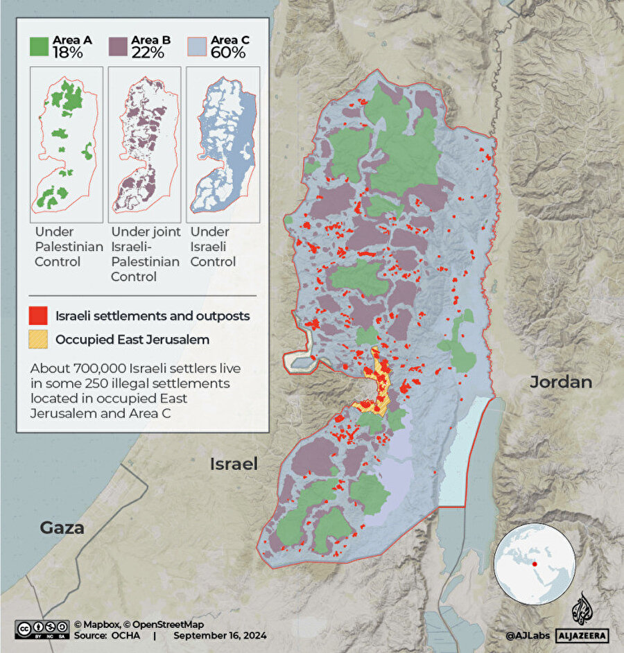 Batı Şeria, Gazze Şeridi ve Doğu Kudüs, 1967'den beri İsrail işgali altında. O tarihten bu yana, uluslararası hukuka ve (yerleşim birimleri söz konusu olduğunda) İsrail hukukuna aykırı olmasına rağmen İsrail yerleşimleri genişledi.