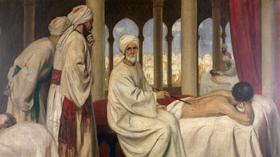 10. yüzyıl Endülüslü cerrah Ebu'l-Kasım El-Zehravî, bîmâristanda bir hastayı tedavi ediyor.