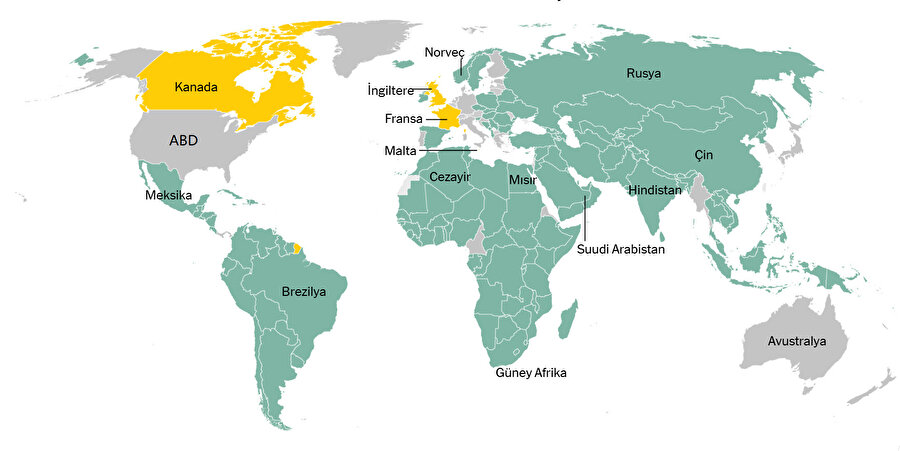 Filistin devletini resmen tanıyan (yeşil), tanıması beklenen (sarı) ve tanımayan ülkelerin haritası.