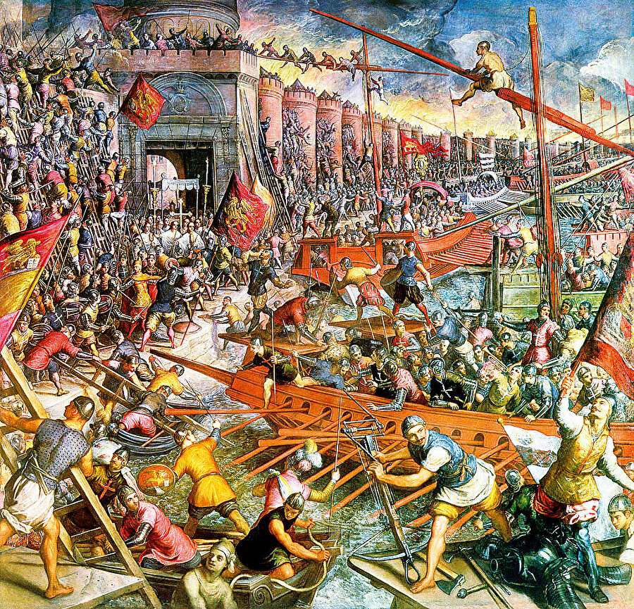 İtalyan ressam Tintoretto'nun 1580 tarihli '1204'te Konstantinopolis'in Fethi' tablosu. Dördüncü Haçlı Seferi'nin sonunda Venedik kadırgalarının Konstantinopolis'i ele geçirmek için nasıl kullanıldığını gösteriyor.