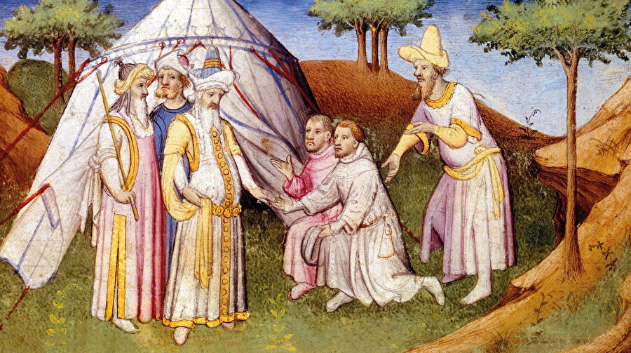 Polo kardeşler, Kubilay Han'ın çadırının dışında eğiliyorlar. Marco Polo'nun Seyahatleri'nin 15. yüzyıl baskısından bir illüstrasyon.