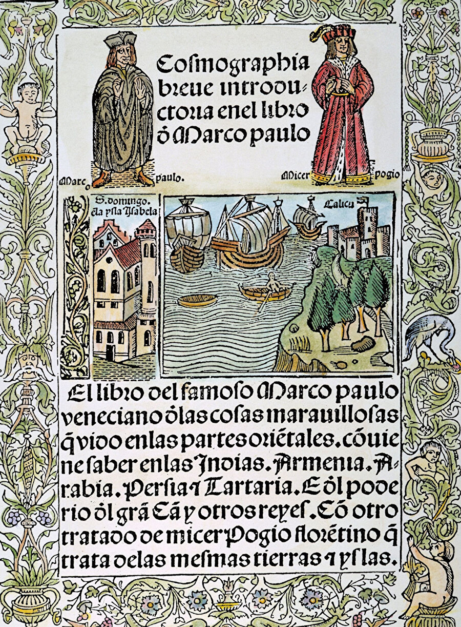 Marco Polo'nun Seyahatleri'nin 1503 tarihli İspanyolca baskısının kapak sayfası. Venedikli kâşif sol üstte tasvir edilmiştir.