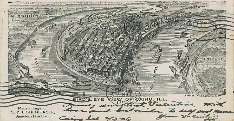 Kahire panoramik haritası. Önde Ohio Nehri, arkada Mississippi Nehri.