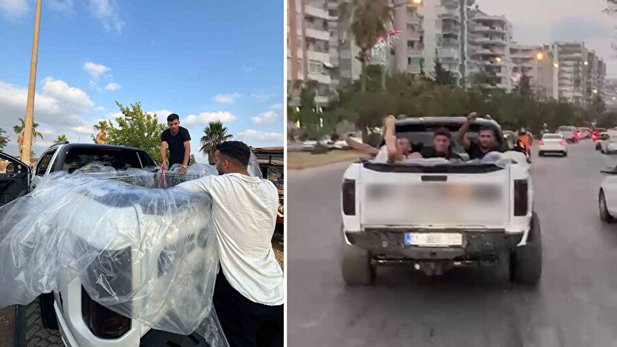 Adana'da 60 bin liraya mâl olan pikapta havuz keyfi

