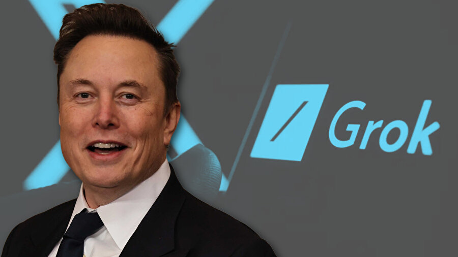 Grok fotoğrafının önünde duran Elon Musk