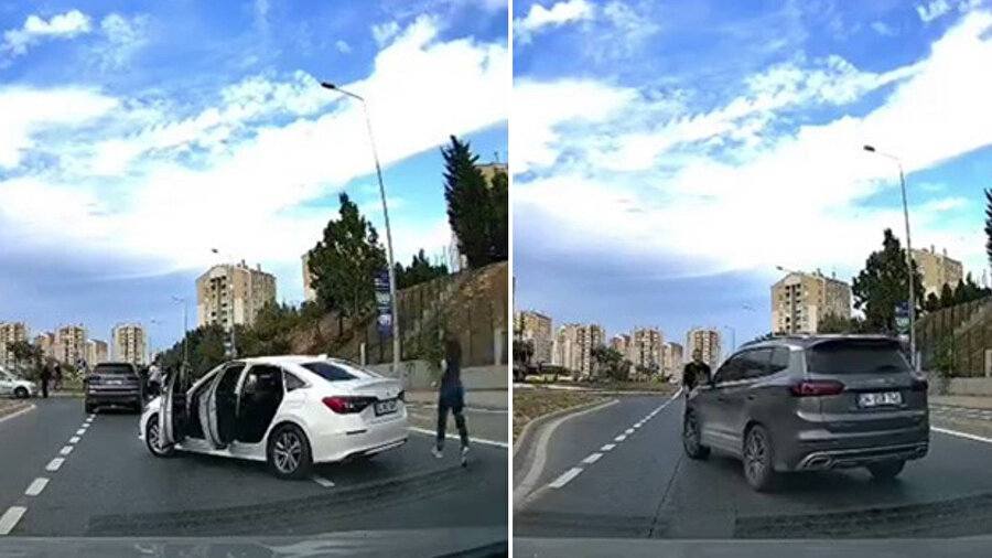 Arabadan inen sürücü yolda metrelerce sürüklendi.