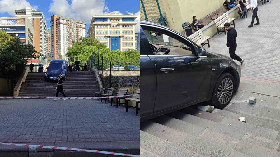 Hastane bahçesinde ilginç olay: Yol zannetti, aracı merdivenlerde asılı kaldı​