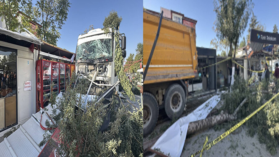 Freni arızalanan kamyon 7 konteyner iş yerine çarptı