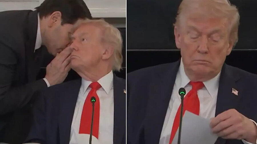 ABD Dışişleri Bakanı Marco Rubio'nun toplantının ortasında Başkan Trump'ın kulağına fısıldayıp not verdiği anlar.