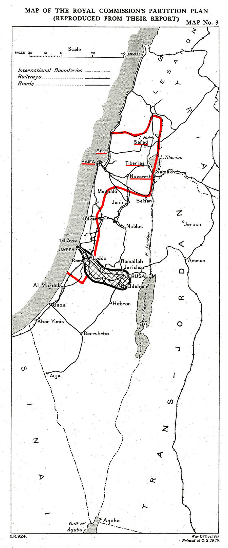 Peel Komisyonu'nun taksim önerisi, Temmuz 1937. Önerilen Yahudi devleti kırmızı çizgiyle çevrelenirken, Kudüs’ün İngiliz Mandası altında kalması ve geri kalanının Arap devletine ait olması öngörülmüştü.