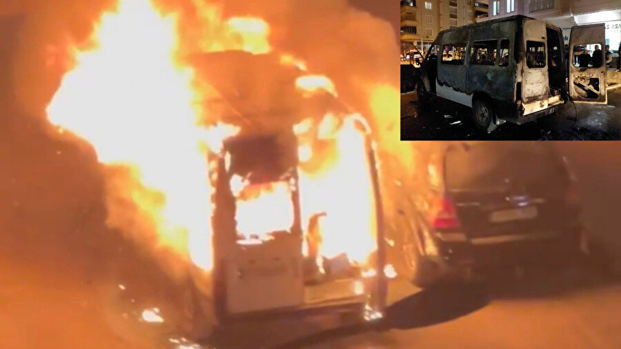 Park halindeki minibüs alev topuna döndü: Yanındaki yeni alınan otomobil de zarar gördü