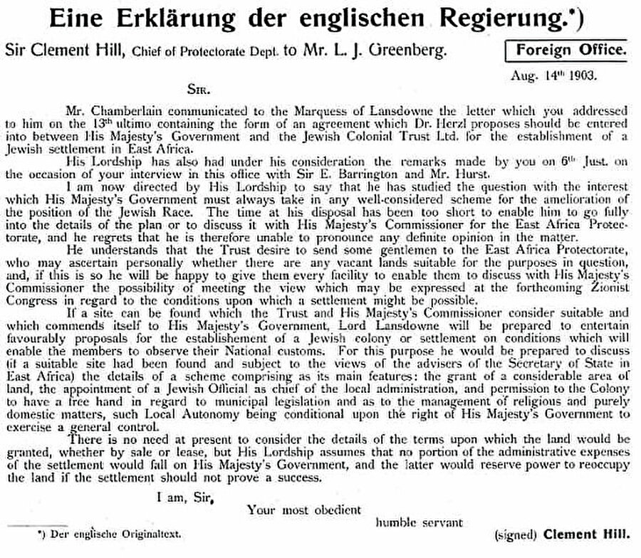 İngilizler, Uganda’da bir Yahudi vatanı sağlamayı teklif etti ve ilk siyonistler prensipte buna karşı çıkmadı. Herzl’ın 1903’te Siyonist Kongre’ye söylediği gibi bu teklif nihayetinde reddedildi. Kabul edilmeme nedeni, bugün Filistin topraklarında ve en son Gazze’de yaşananların da özeti gibidir. Siyonistler bugün israilde yaşamalarını, “bu, tarihin bize verdiği bir miras değil, Tanrı’nın bize verdiği bir mirastır” diyerek açıklıyorlar.