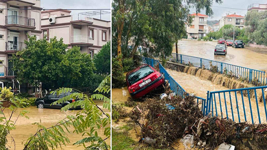 Foça 1 saat süren yağmurun ardından sular altında kaldı.