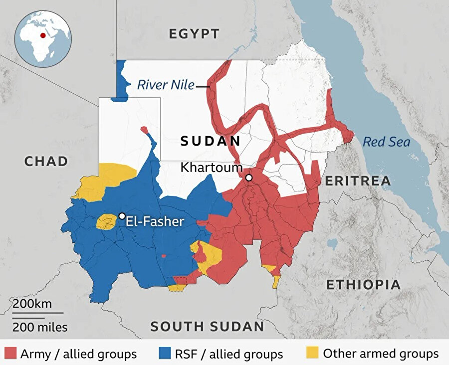 Yapboza dönen Sudan'da güçler dengesi: Kırmızı renk; Ordu, Mavi renk; HDK ve müttefik gruplar, Sarı renk; Diğer silahlı gruplar.