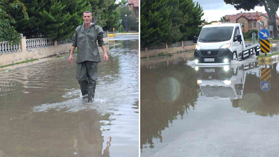 Burhaniye’de sağanak yağış sokakları göle çevirdi: Trafik felç oldu