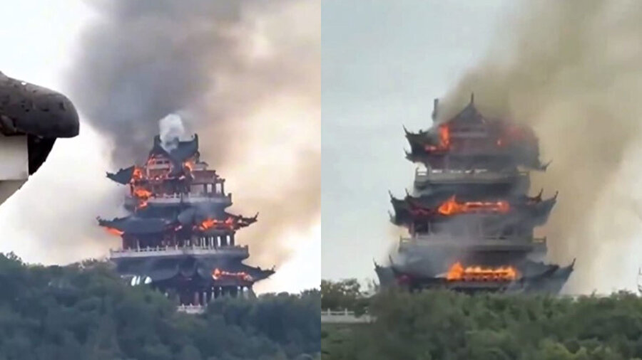 Çin’in Jiangsu eyaletinde yer alan 1500 yıllık Yongqing Tapınağı’nda, köşkte çıkan yangın kısa sürede kontrol altına alındı.