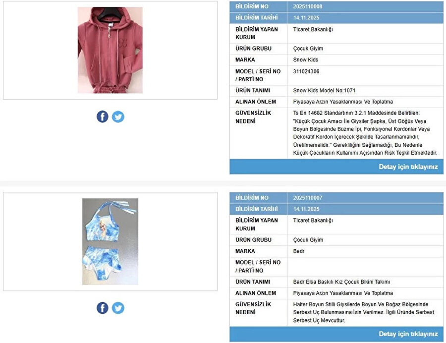 Toplatılan ürünler