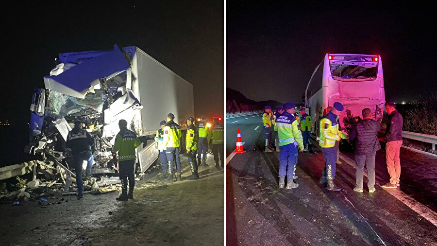 TIR, emniyet şeridinde park halindeki otobüse çarptı.
