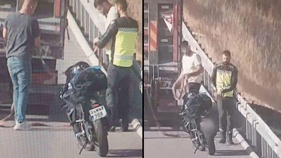 Benzini biten motosikleti kamyonla çektiler