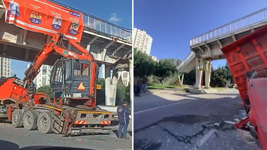 Etraf savaş alanına döndü: İş makinesi taşıyan tır, üstgeçide çarptı! İki yaralı