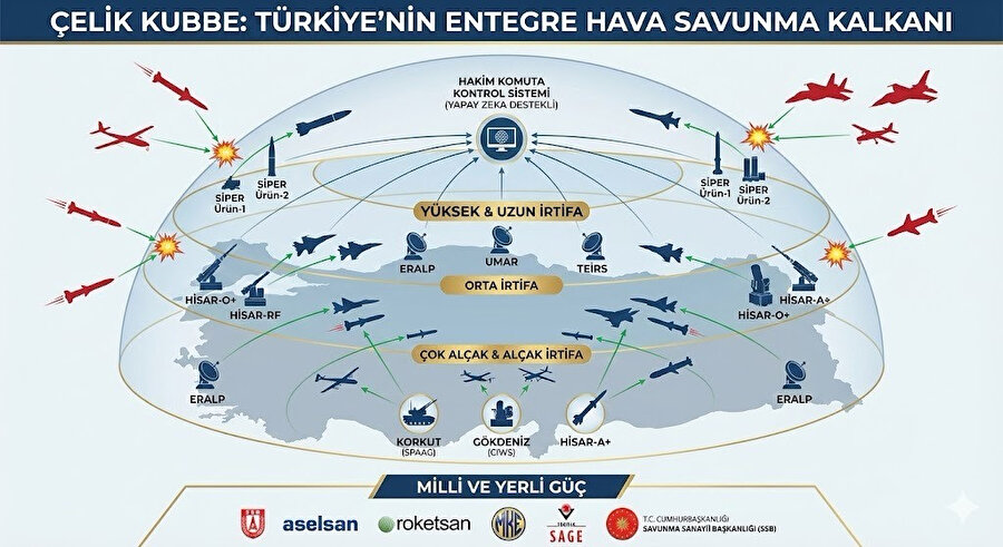 Çelik Kubbe hava savunma sistemi infografik (Yapay zeka)