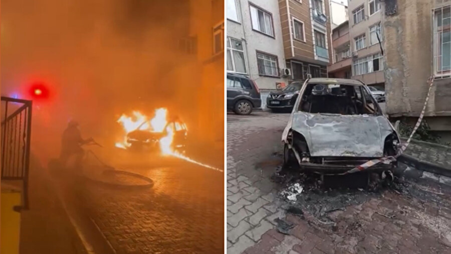 Kağıthane’de park halindeki otomobil alev alev yandı