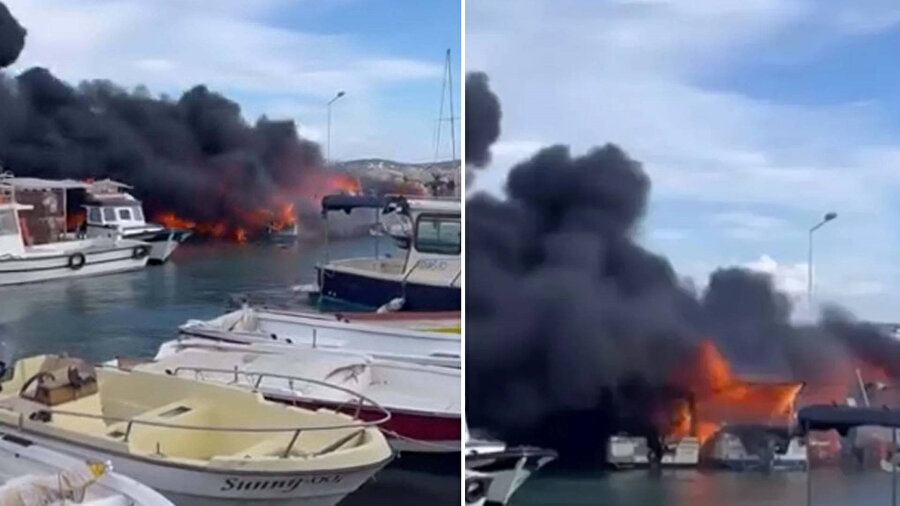 İzmir'de balıkçı barınağında çıkan yangında 3 tekne yandı.