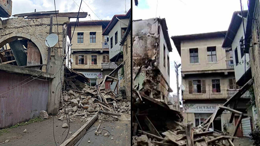 Yangında zarar gören eski bina yağışlı havada çöktü