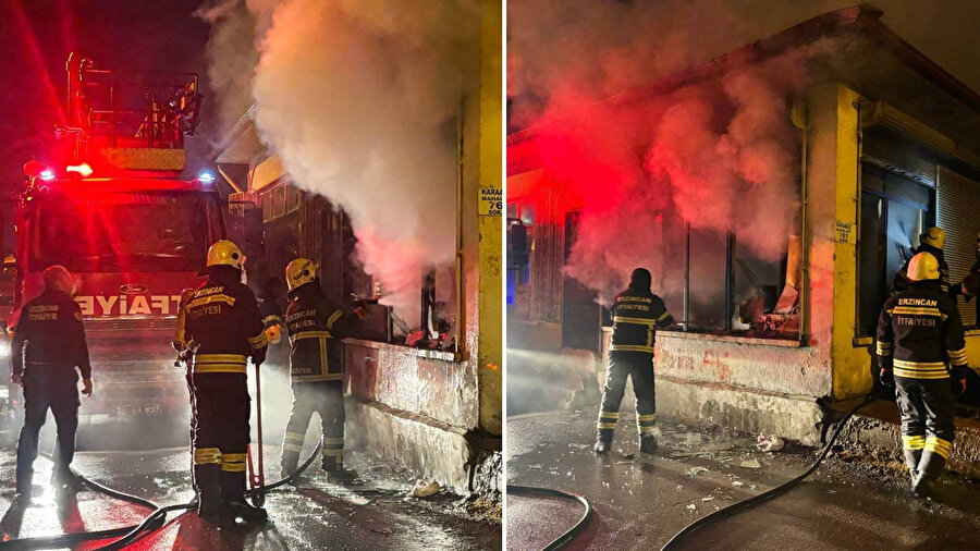 Erzincan’da çıkan yangına kepenkler ve camlar kırılarak müdahale edildi.