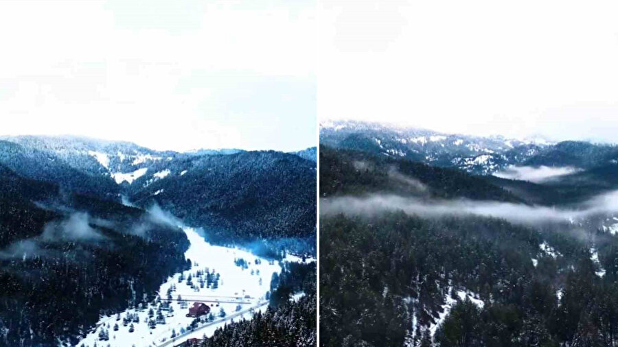 Beyaz örtüyle kaplanan Ilgaz Dağı havadan görüntülendi