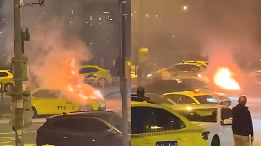 ​Beyoğlu’nda can pazarı: İçinde yolcular olan taksi alev topuna döndü