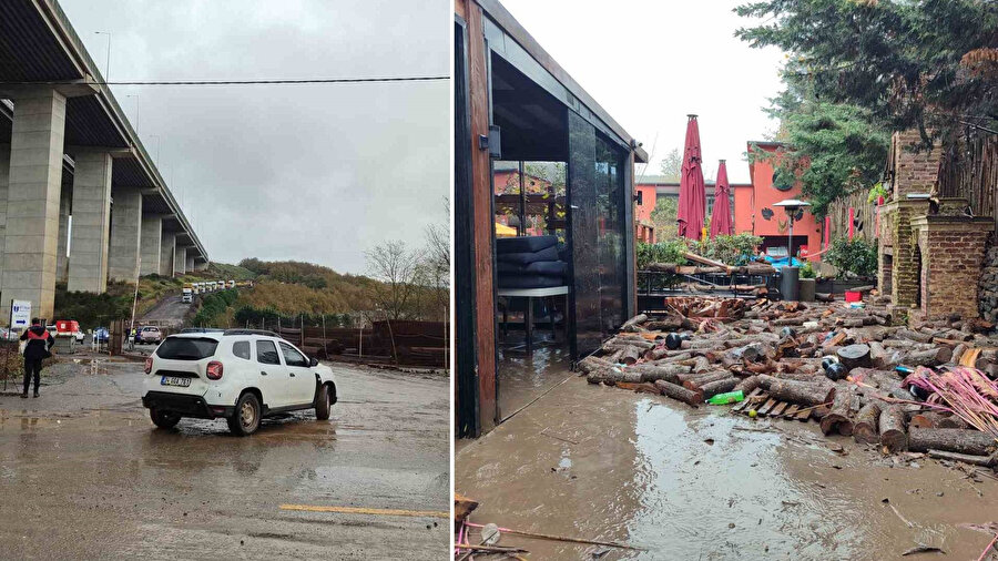 Sarıyer’de Kilyos tüneli inşaatında yağış nedeniyle yol çöktü.