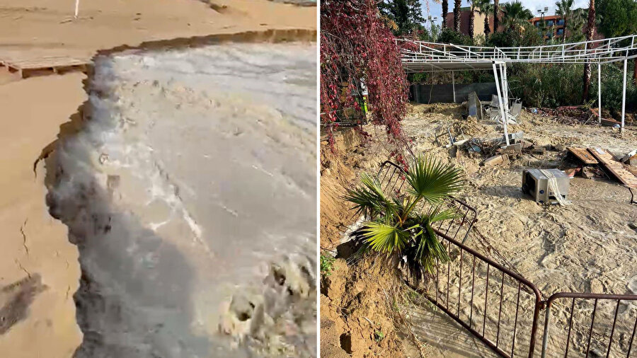 Alanya’da sağanak sonrası taşan dere, otelin sahil kafesini yıktı
